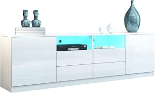 TV Lowboard for Living Room, White High Gloss TV Cabinet with 2 Doors, 4 Drawers, M…