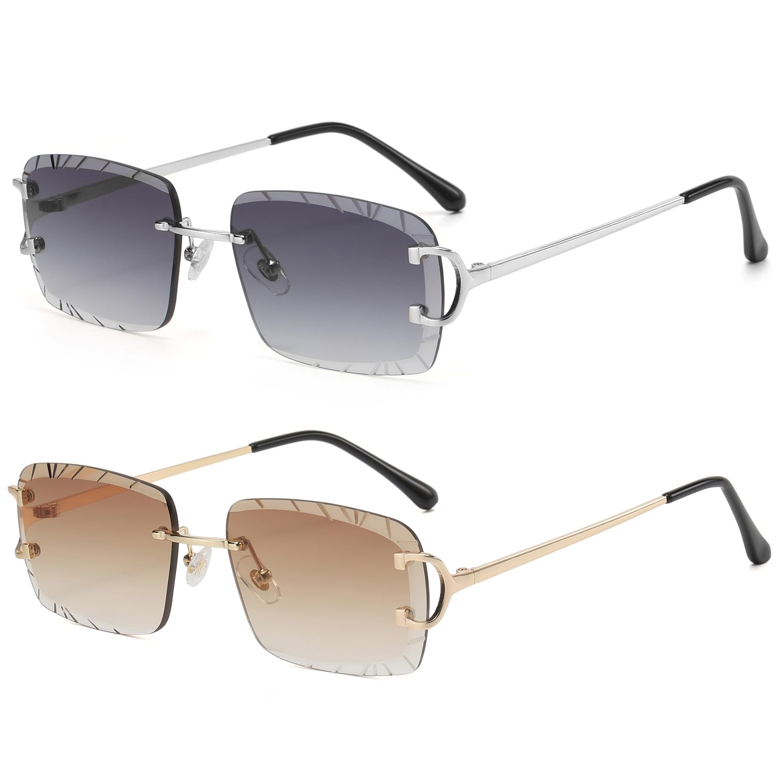 Retro Rimless Rectangle Sunglasses for Men Women Luxury Frameless Square Trendy Shade Diamond Cutting Eyewear