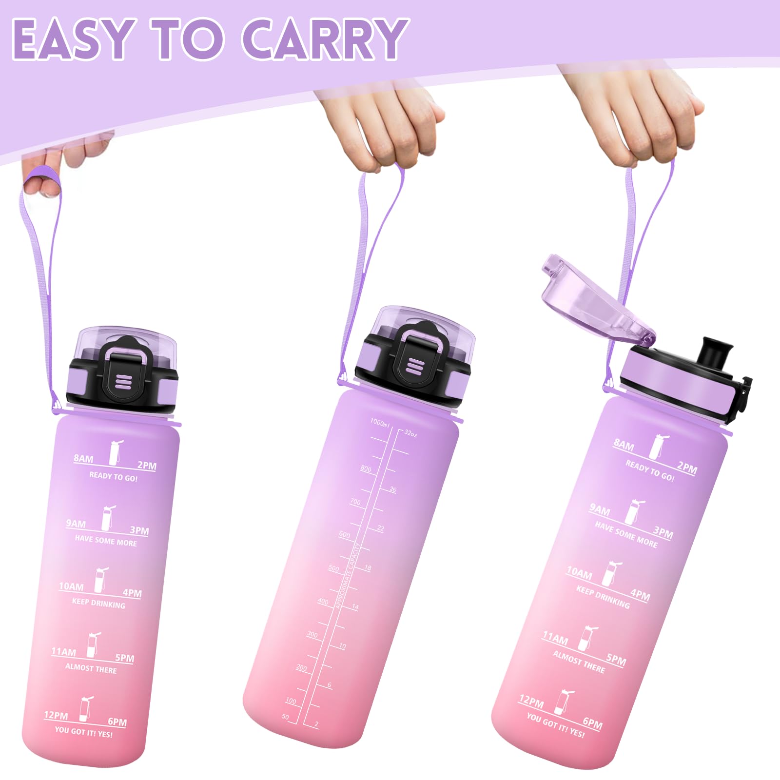 Motswedi Borraccia 1 litro,Riutilizzabile, Borraccia Motivazionale, a Prova di Perdite, Bottiglia Acqua, Senza BPA, Borracce, per Sport, Ufficio, Ciclismo, Palestra, Viola chiaro&Rosa