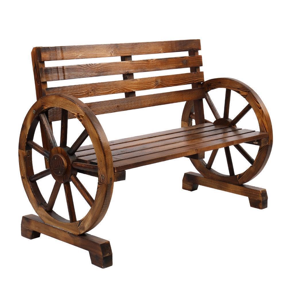 Wooden Wagon Wheel Loveseat Bench - Outdoor Patio Furniture for 2 Persons - Natural Wood Finish
