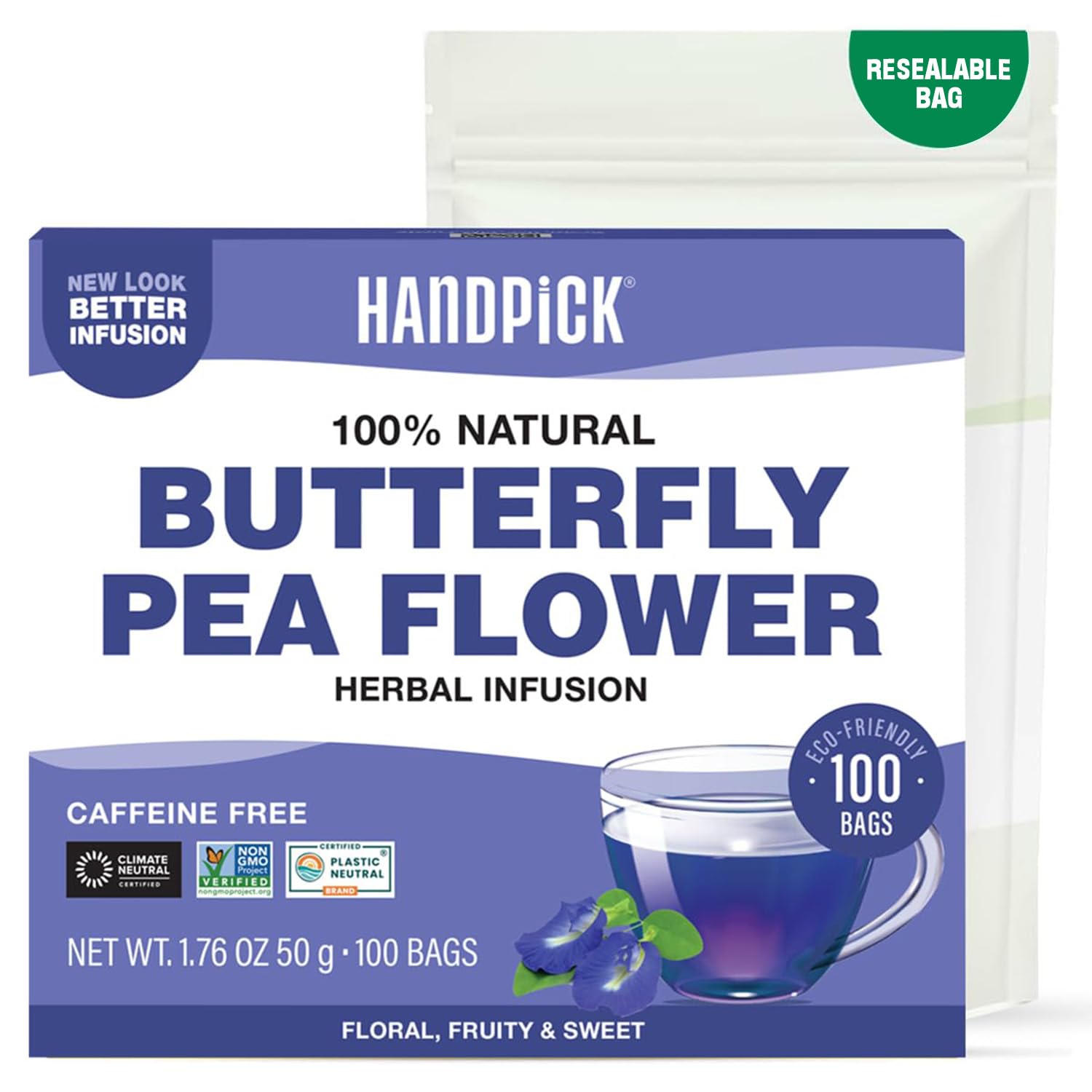 HANDPICK, Butterfly Pea Flower Tea (100 Herbal Tea Bags) Blue Tea | Caffeine Free, Non GMO | Premium Dried Butterfly Pea Flowers For Blue & Purple Drinks, Food Coloring | Iced Teas, Coolers, Cocktails