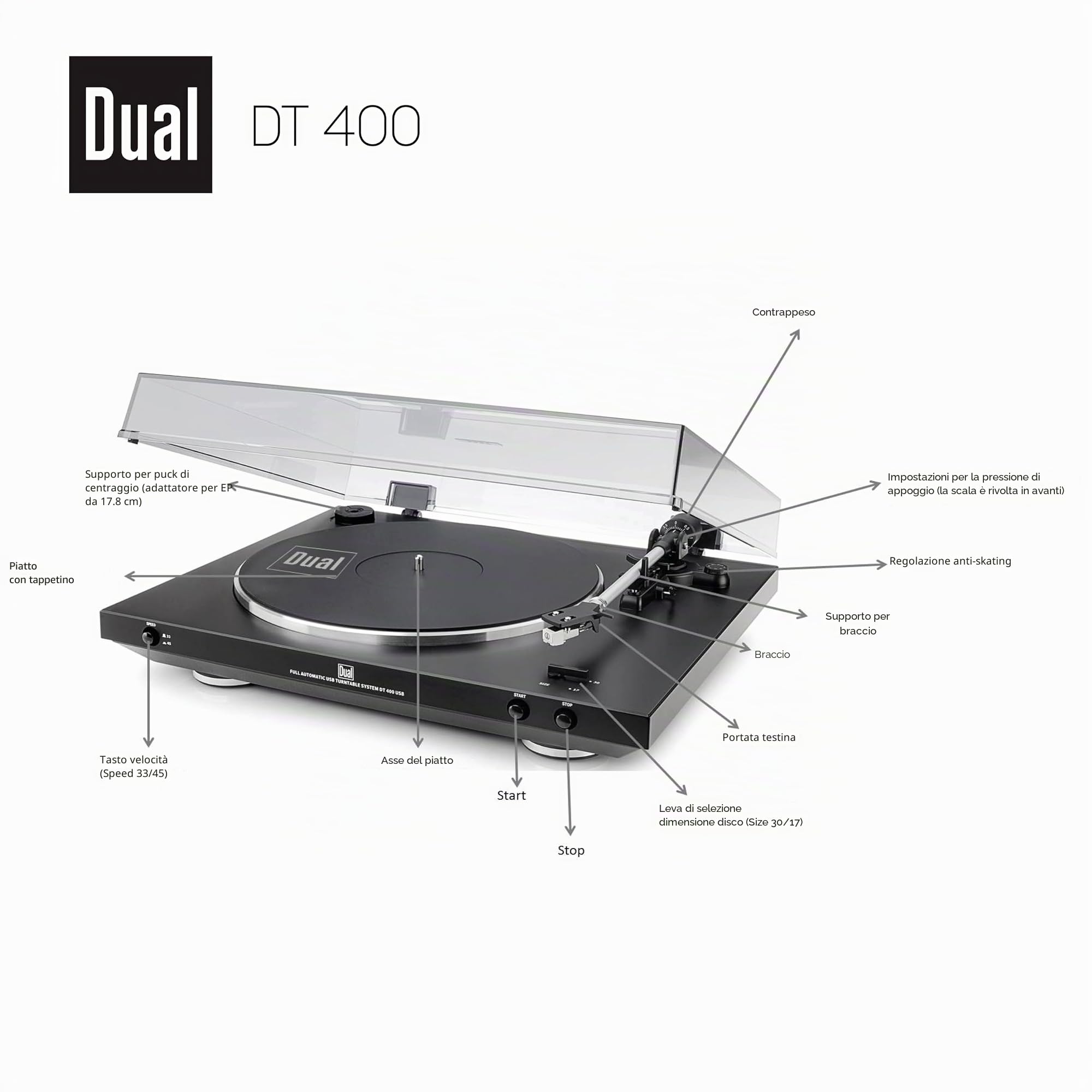 Dual DT 400 Giradischi USB completamente automatico (33/45 giri/min, sistema a calamita, attacco USB, equalizzatore-preamplificatore) Nero