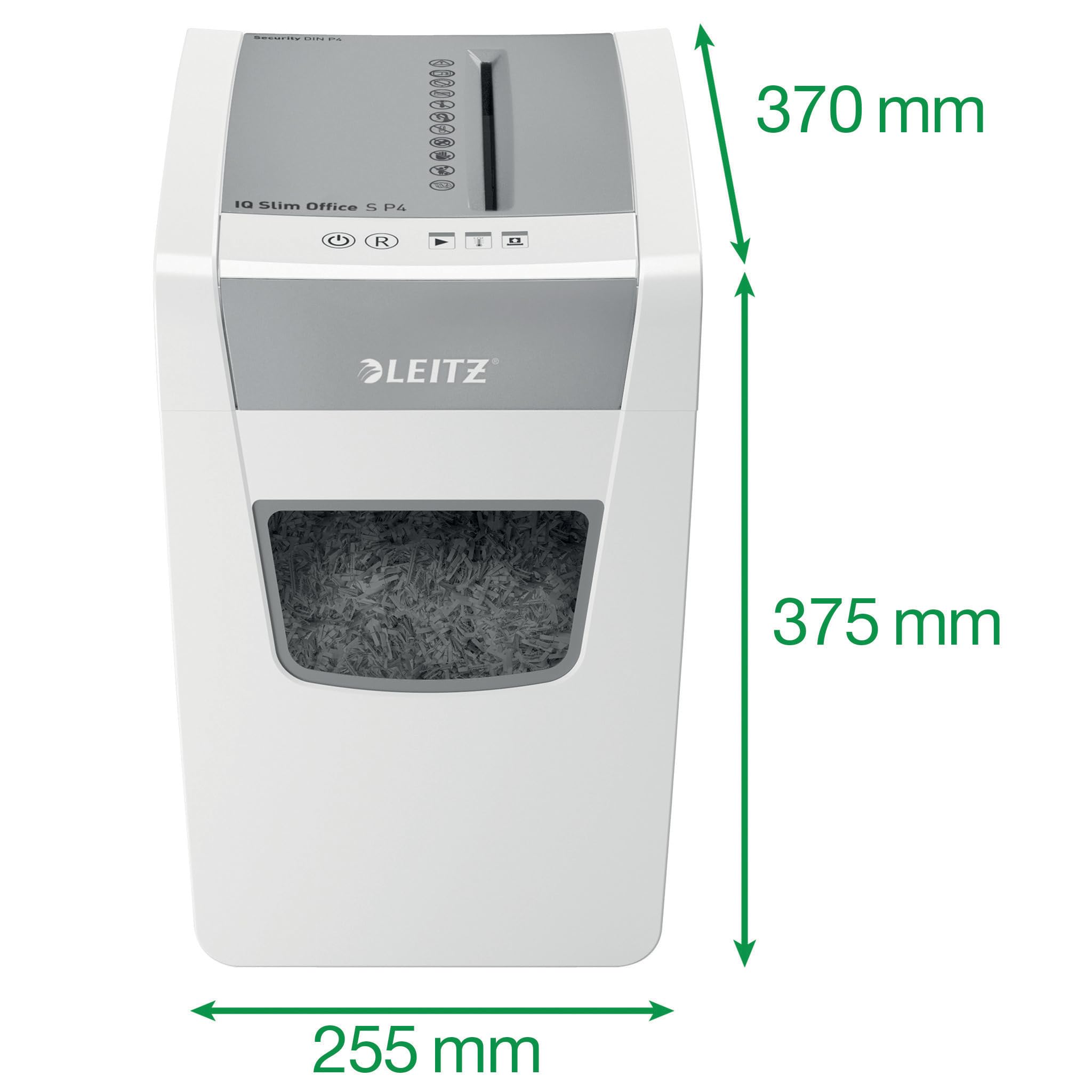 Leitz IQ Office S 80980000 - Destructora de papel (14-12 hojas, capacidad de 70-80 g/m²), certificación TÜV+GS, corte en partículas, nivel de seguridad P4, especialmente silenciosa, recipiente de 23 L