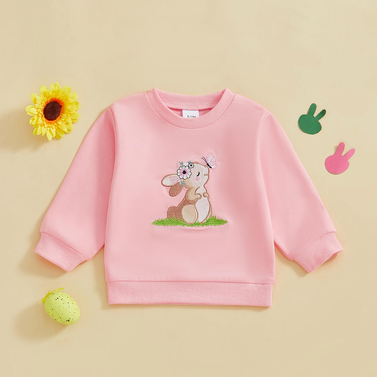 Rtnnsbbfcm Toddler Baby Girl Easter Sweatshirt Long Sleeve Bunny Embroidery Crewneck Pullover Top Spring Clothes (A-pink, 18-24 Months)