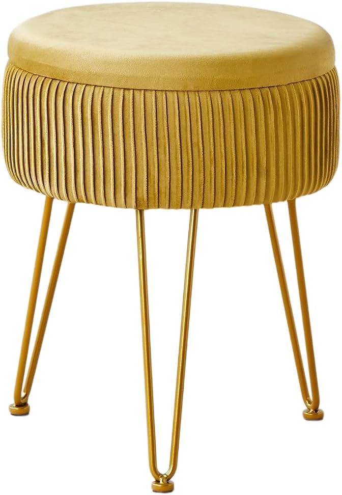 Cpintltr Velvet Foot Rest Stool Multipurpose Dressing Stools Upholstered Round Storage Ottoman Modern Soft Vanity Chair with Memory Foam Seat Yellow - Image 6