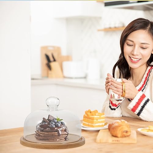 Miniatura 7 de DOITOOL Cúpula de vidrio con base de madera, soporte de vidrio para tartas, cúpula de cristal, cubierta de tarro de cristal transparente para postre