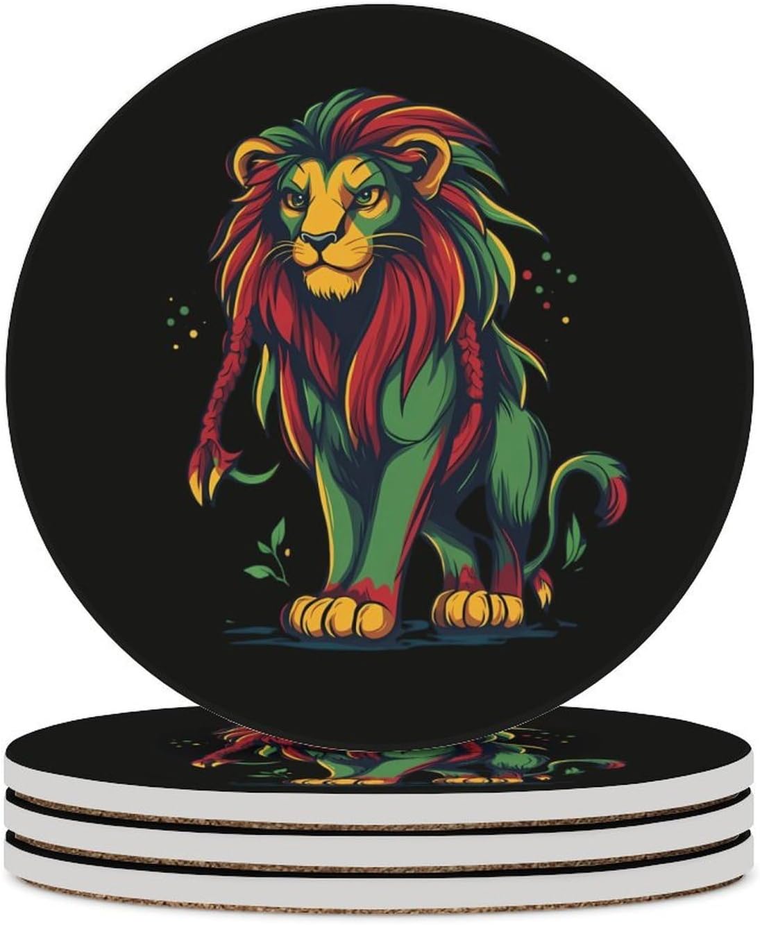 Rasta Reggae Lion Round Ceramic Coasters Print Drinks Absorbent with Cork Base for Home Decor Gifts 4 Inch