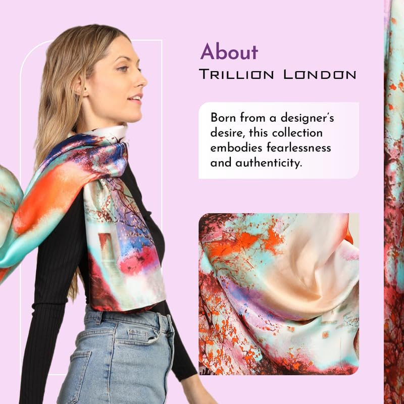 Image of Trillion London Spring Collection | Designer Silk Scarf For Women UK | Lightweight Neck Scarves | Shawl Wraps | Suitable for Daily Life | Smooth & Soft Finish | Gift for Women | Size-180cm x 90cm