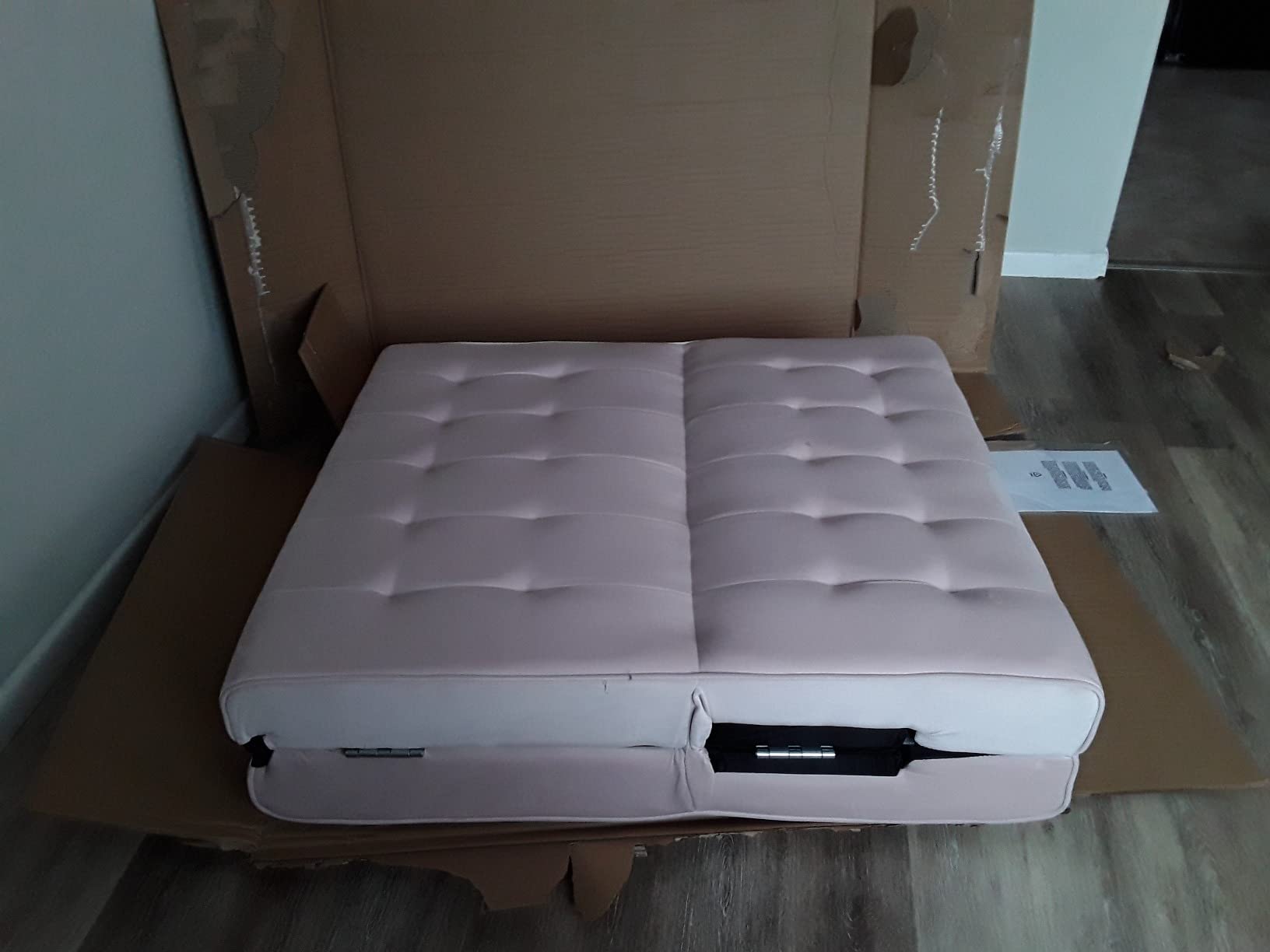 30/mo Finance DHP Emily Futon With Chrome Legs, Grey Linen Buy Now