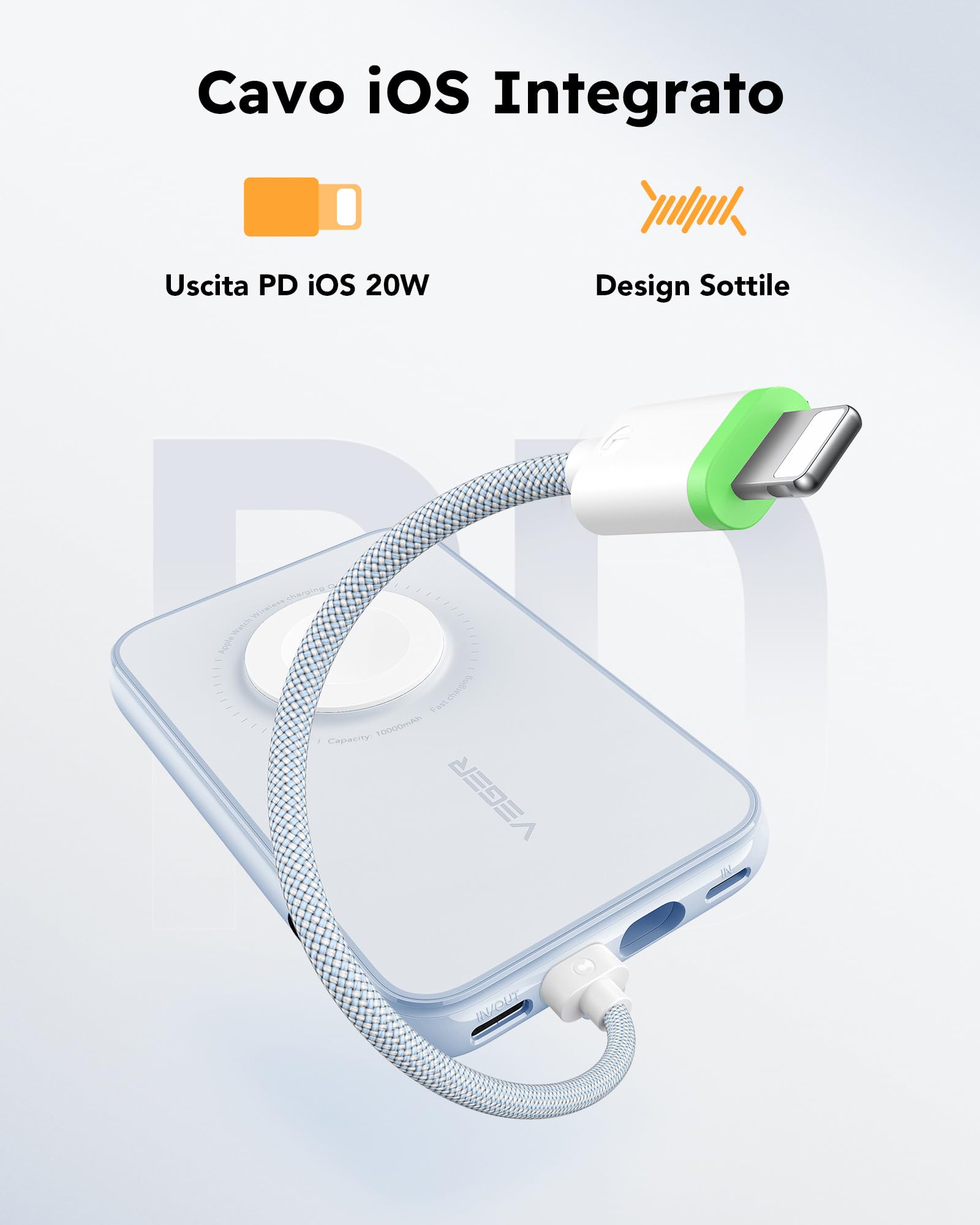 VEGER Power Bank 10000mAh con Cavi Integrati compatibile con iPhone Apple Watch, 20W PD Ricarica Rapida Mini Powerbank USB C Batteria Esterna 4 Ingressi e 3 Uscite con LED Display