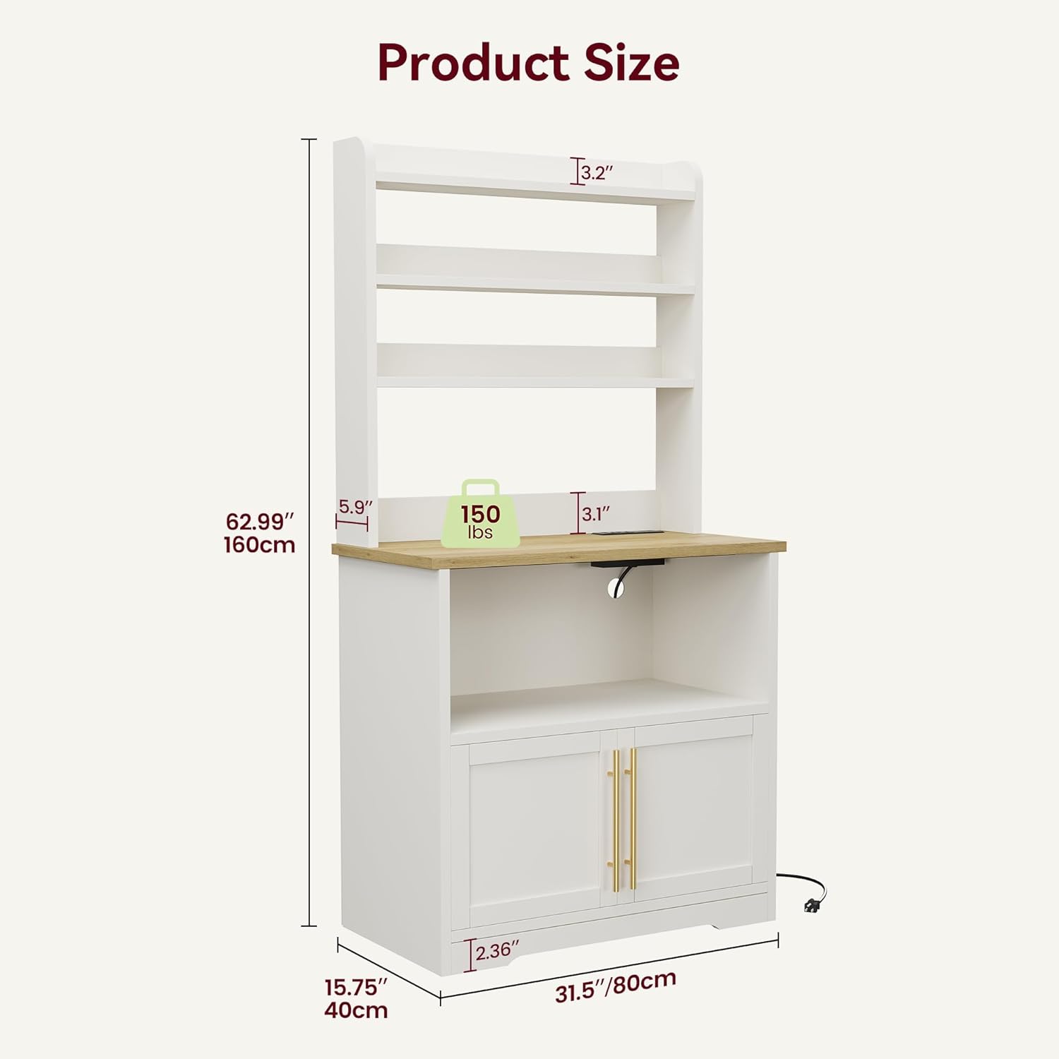 Bakers Rack With Storage Cabinet, Microwave Stand With Power Outlets, Farmhouse Bakers Rack With Thick Table Top, Thickened Counter, Coffee Bar Storage Shelves, Small Kitchen Bakers Rack