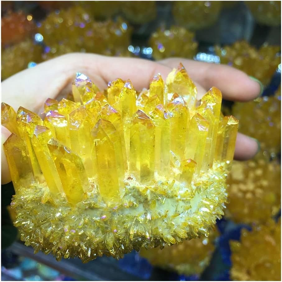 天然水晶の原石 家の装飾 300-350g 黄色の電気めっきされた天然水晶クラスター標本 原石水晶の花 オーラストーン ギフト モダ