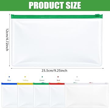 100 Pcs Plastic Zipper Envelopes Bulk, A6 Size Clear Plastic Pencil Pouch with Zipper, 9.25 x 4.72 Inch Reusable Bill File Bag for Cash, Money, Christmas OCC Shoeboxes Gifts (Multicolor)