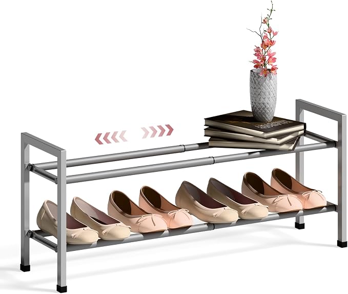 Bumusty 2 Tier Expandable Shoe Rack for Closet, 18“-33” Adjustable Shoe Rack for Small Space, Small Shoe Organizer for Front Door, Sturdy Metal, Black