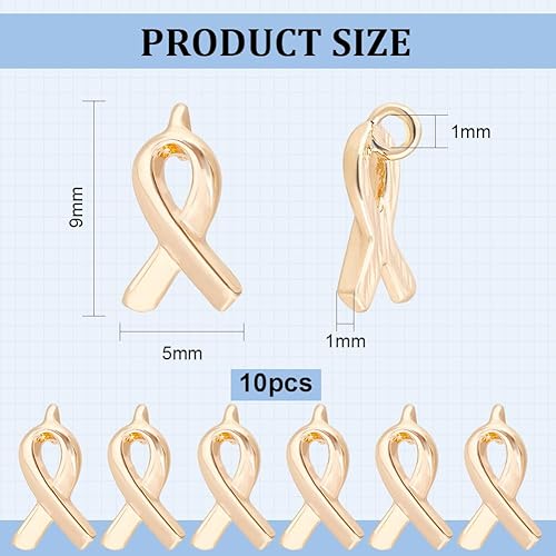 Miniatura 2 de BENECREAT 10 dijes de cinta de conciencia chapados en oro de 18 quilates, cáncer de mama, dije de conciencia de esperanza de latón con lazo para