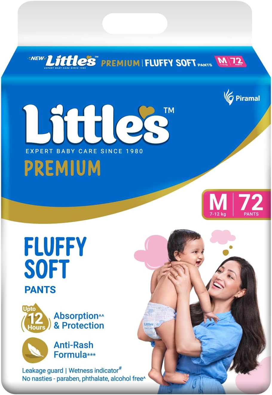 Little's Premium Baby Diapers M Size (Medium) Pants Style | 7-12 kg | 72 Count | Super Jumbo FluffySoft Baby Diaper with Leakage Guard, Wetness Indicator & 12 Hours Absorption