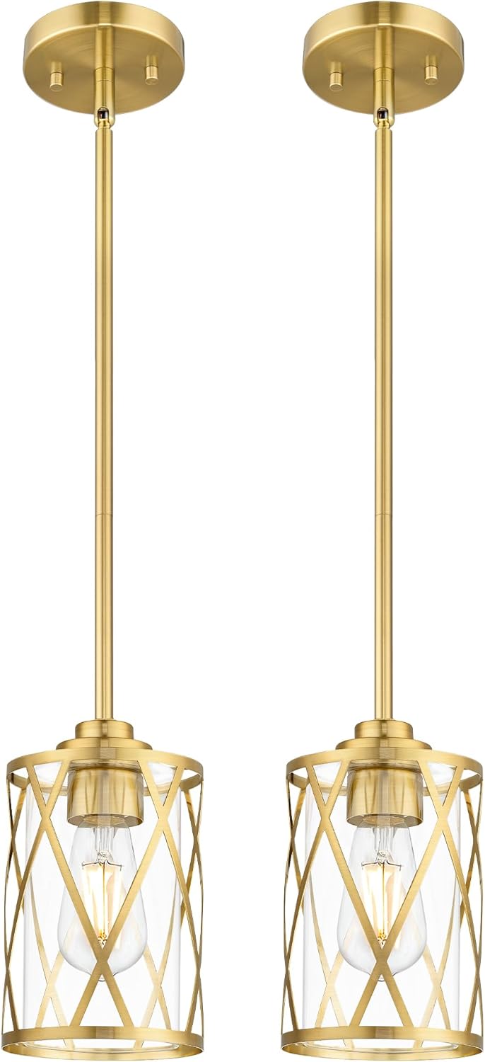 Beionxii 2 Pack Brushed Gold Pendant Lights Kitchen Island, Modern Kitchen Pendant Lighting Over Island, Farmhouse Industrial Cage Hanging Lighting with Clear Glass for Sink,Dining Room, BX-PL07BG-2PK