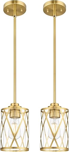 Beionxii BX-PL07BG-2PK - Paquete de 2 luces colgantes de oro cepillado para isla de cocina, moderna iluminación colgante de jaula industrial de