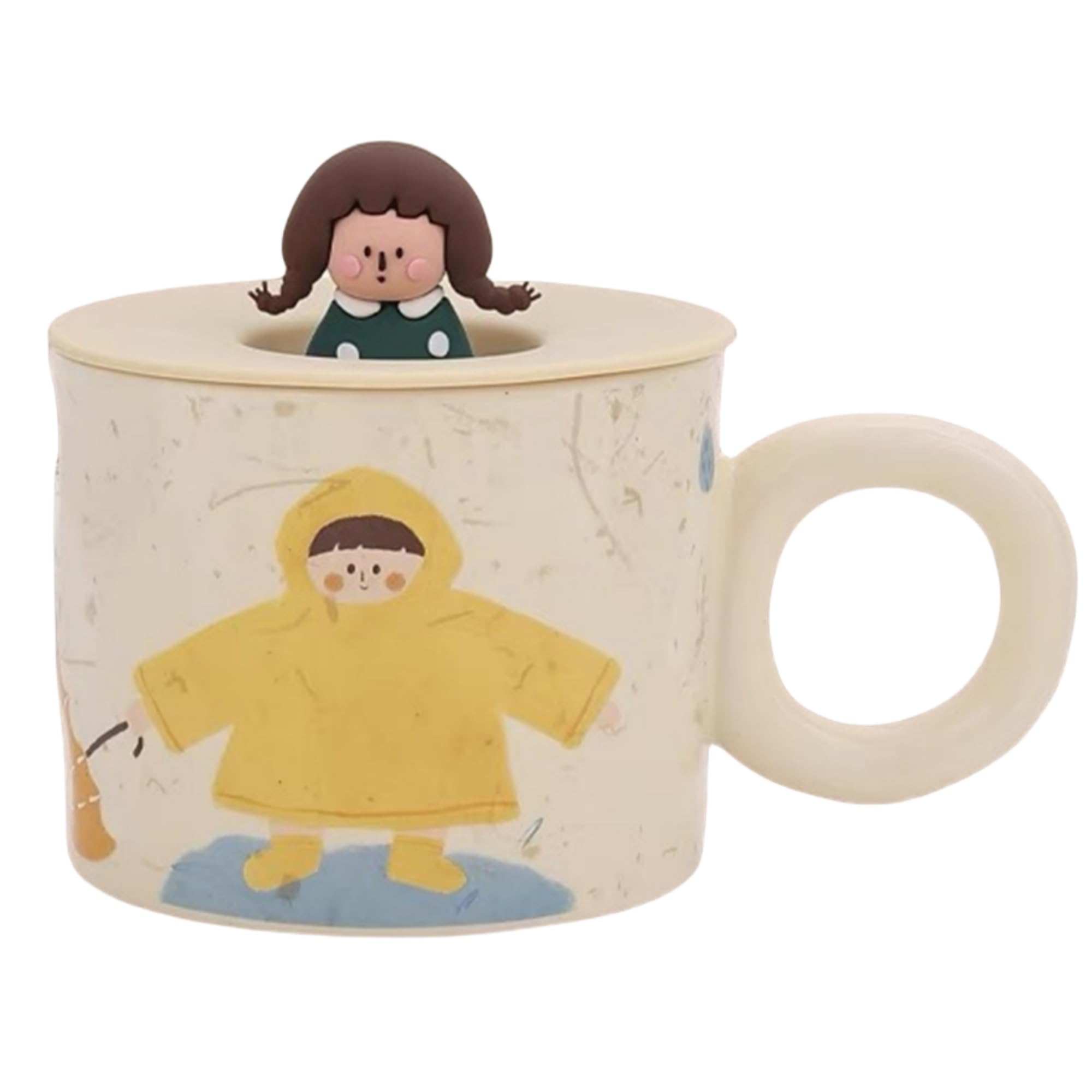 SHENDONG Cute Girl Mug With Lid Ceramic Coffee Cup Kawaii Cereal Mug 400ml/14oz Birthday Christmas Gifts For Women Friends Cup Lover (Cute Raincoat Girl Mug)