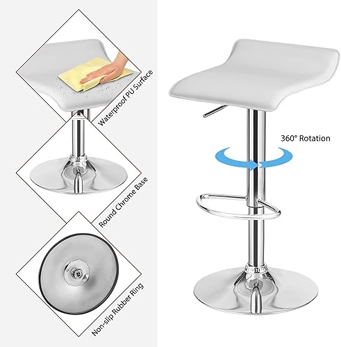 Miniatura 6 de Casart Juego de 2 taburetes de bar ajustables giratorios de piel sintética con mango de elevación de aire, reposapiés, base cromada, estilo moderno