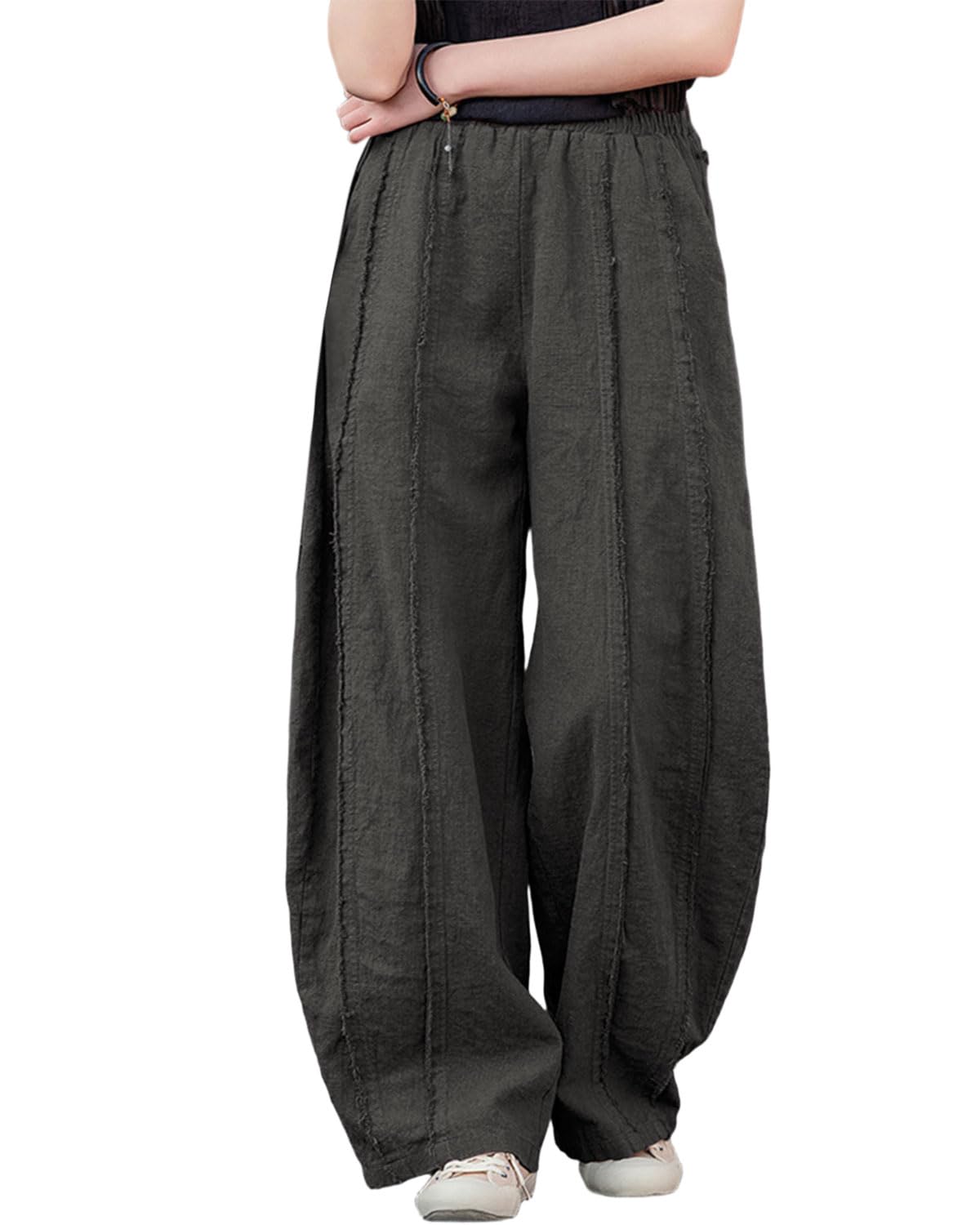 IXIMO Womens Linen Harem Pants Vintage Wide Leg Lantern Front Raw Frayed Patchwork Baggy Boho Lounge Trousers