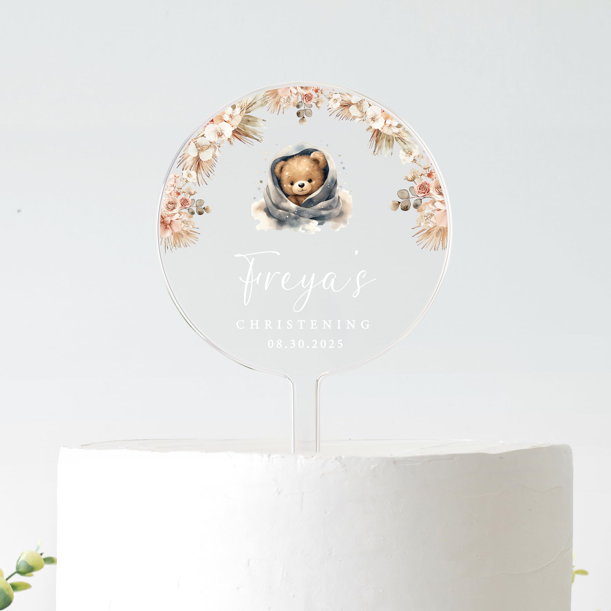Personalised Christening Cake Topper | Teddy Bear Baptism Cake Decoration | Custom Name & Date | Frosted Acrylic | 10cm or 12cm (WHITE TEXT, 10CM)