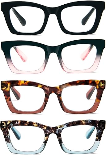 prtcslwd Paquete de 4 lentes de lectura para mujer, estilo Oprah, de gran tamaño, con bisagra de resorte cuadrada, lentes de bloqueo de luz azul