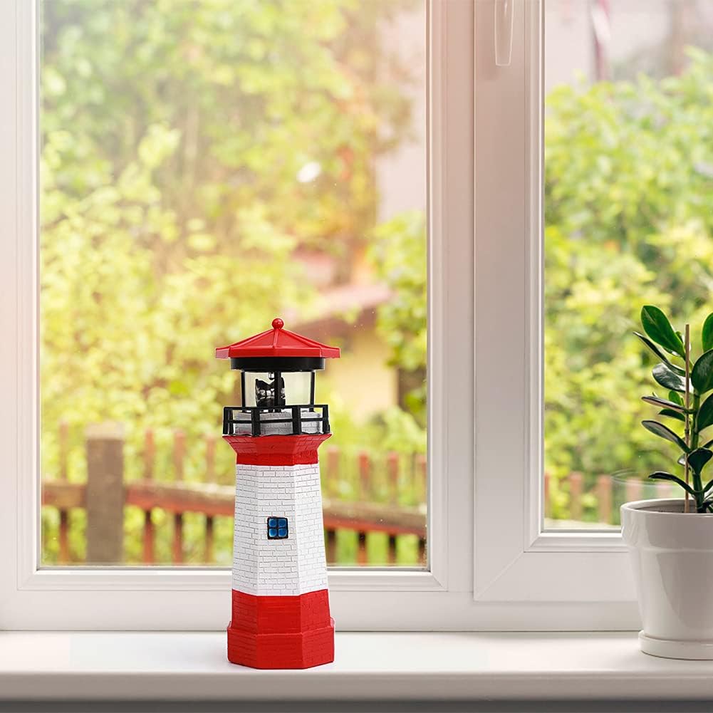 NINEFOX Solar Lighthouse Outdoor Solar Rotating LED Lighthouse Light Waterproof Lighthouse Statue Decorative LED Rotating Lamp for Garden Landscape Outside Yard(Red)