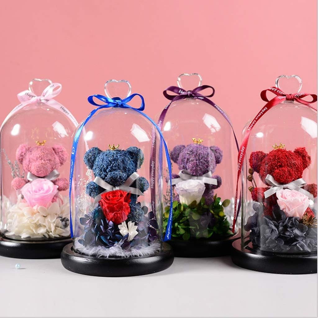 Handmade Preserved Flower Eternal Rose with LED Lights in A Glass Dome and Gift Box Eternal Rose Bear for Christmas Valentine's Day Mother's Day (Color : Purple)