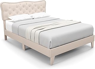 COSTWAY 4FT6/5FT Bed Frame, Double/King Size Upholstered Platform Bed Frame with Button Tufted Headboard, Wooden Slat Support Bedstead Base Mattress Foundation, No Box Spring Needed (4FT6 Double)