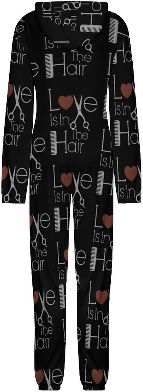 Love Is In The Hair Hairstylist Adult Pajamas Onesie with Hood Pocket Jumpsuits One Piece Sleepwear