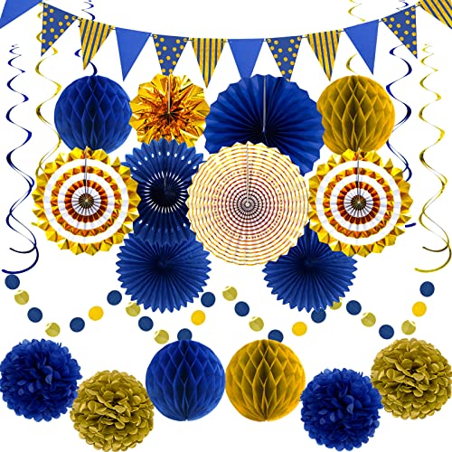 Image of Blue Gold Party Decorations, Graduation Season Hanging Glitter Triangle Flags Banner Paper Fan Tissue Pom Poms Garlands, Boy Men Party, Bridal Shower, Navy Blue Themed Birthday