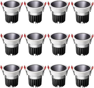 12-delige Set Aluminium Anti-verblindingsspots, 3000K-6000K instelbare Focus, 3 kleuren dimbaar, Downlight, 7W, inbouwspot voor woonkamer, slaapkamer, kantoor en binnenverlichting