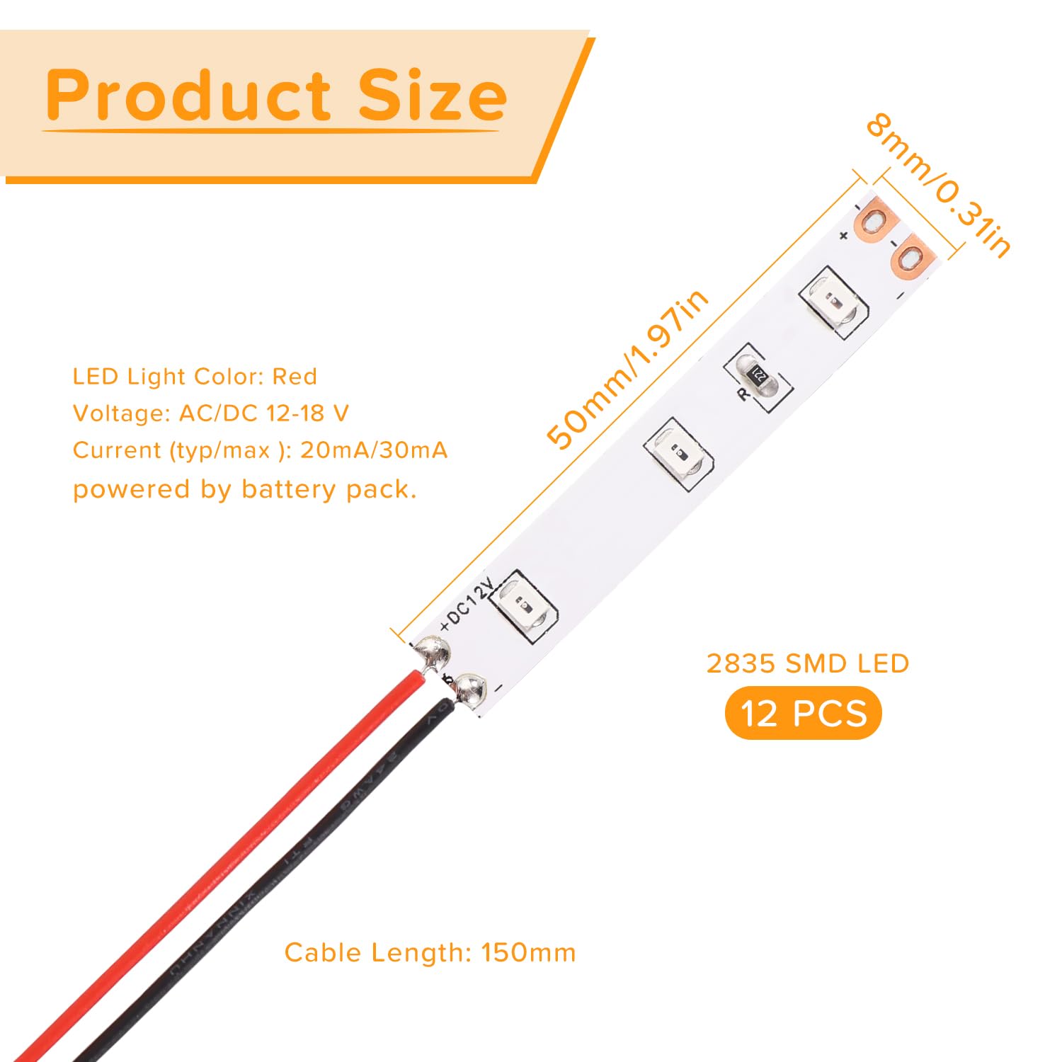 Lyeteung 12 PCS 50mm 12V - 18V Pre Wired Strip, 2835 SMD LED Model Railway LED Lighting, Red, 50mm - 10pcs - Image 2