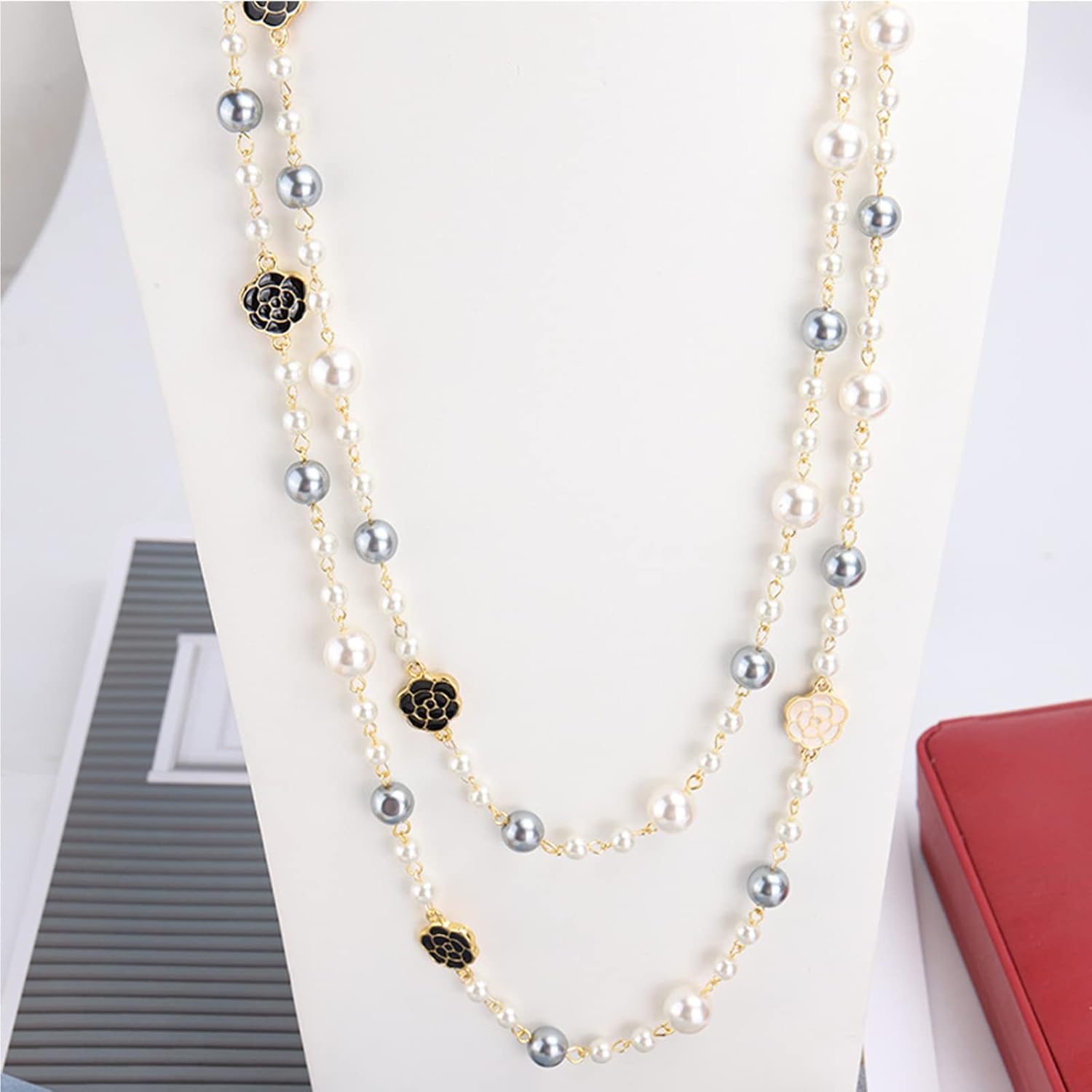 Fashion jewellery designer camellia and pearl Long collarbone necklace for women imitation pearl necklace gift - Image 2
