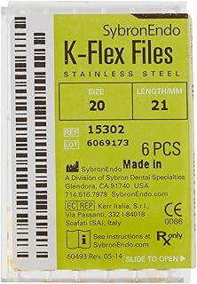 SybronEndo 15302 Endo Hand K-Flex File, 0.02 mm Taper, 21 mm Length, Stainless Steel, 20 Tip Size, Yellow (Pack of 6)