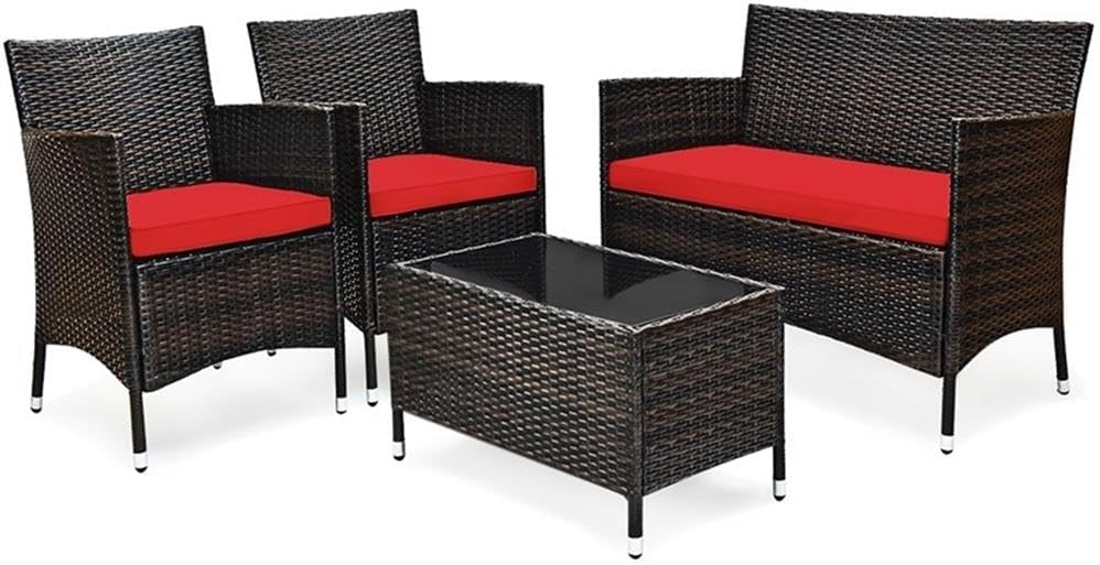 Pemberly Row Outdoor Patio Sofa Set, 4-Piece Cushioned Sectional with Chairs, Loveseat, Coffee Table, Hand-Woven Rattan, Steel Frame, Red Cushions, Tempered Glass Tabletop, Modular Design for