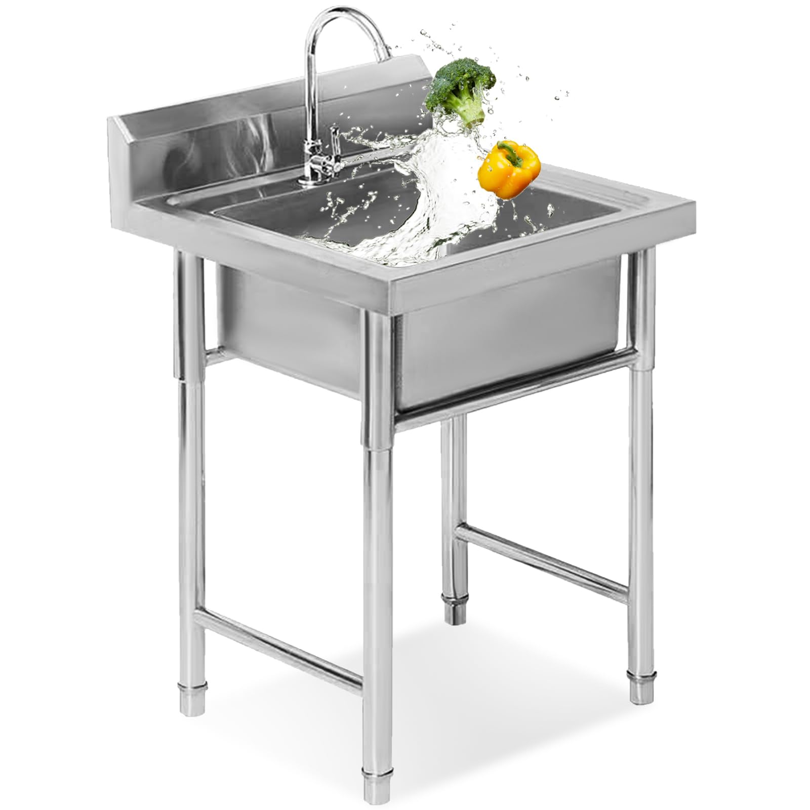 YADZISW Free Standing Stainless Steel Single Bowl Commercial Restaurant Kitchen Sink Set with Faucet Prep & Utility Washing Hand Basin Indoor Outdoor