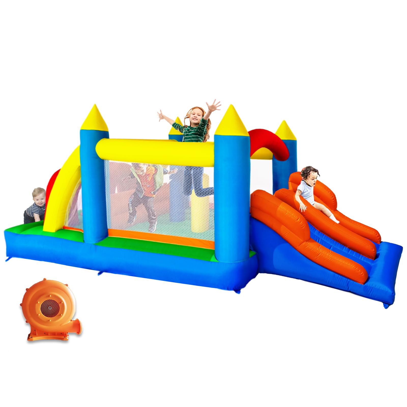 HuaKastro Inflatable Obstacle Course Bounce House for Kids w/Double Slides | Crawl Tunnels, Obstacle Poles, for Kids Ages 3-8, Indoor Outdoor Bouncy Castle - with Blower