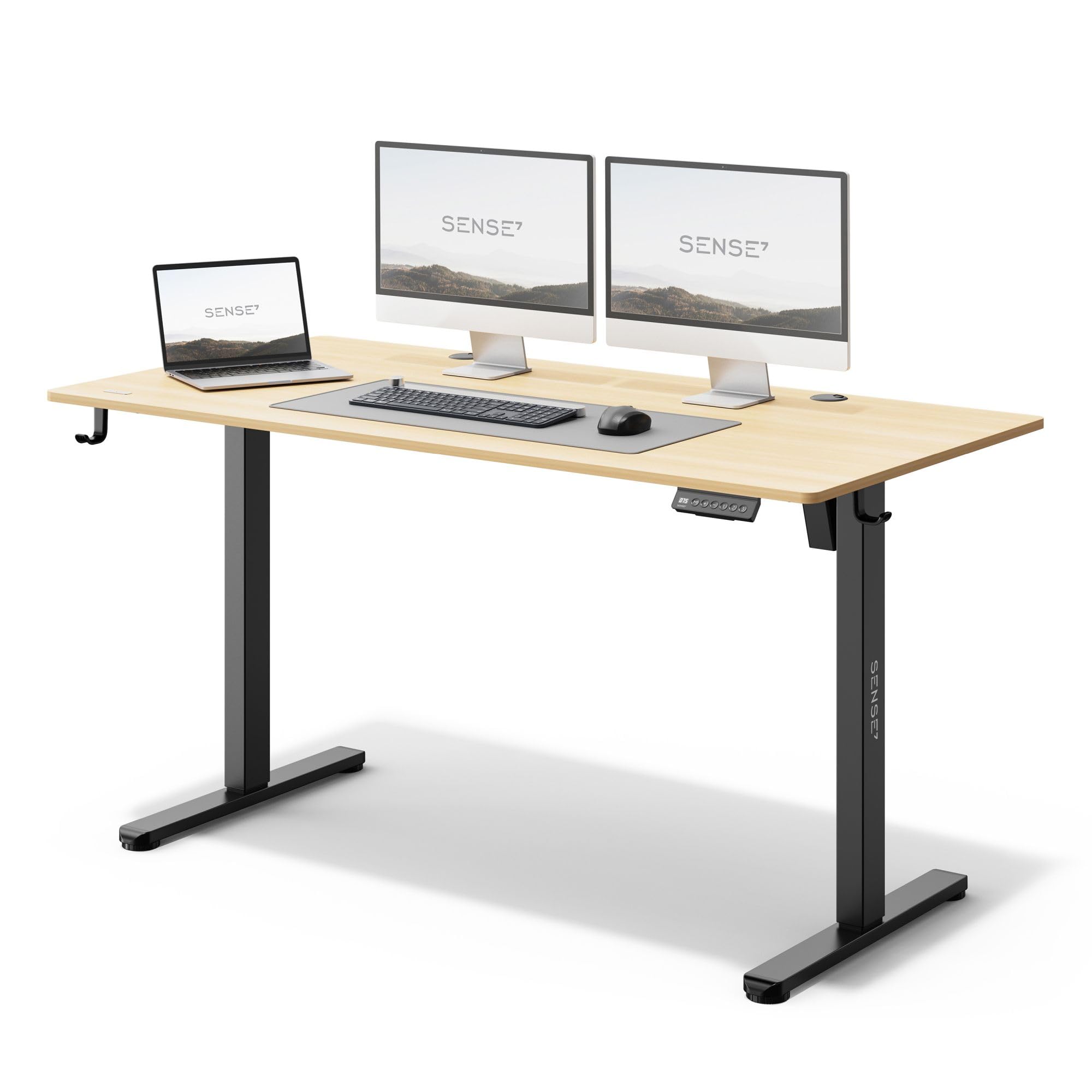 Escritorio Ajustable en Altura eléctrico NOJO, Escritorio de pie 140x70, Mesa de PC con Memoria, Escritorio de pie con Bandeja para Cables, con Ganchos, Ajuste de Altura silencioso, Black-Pine