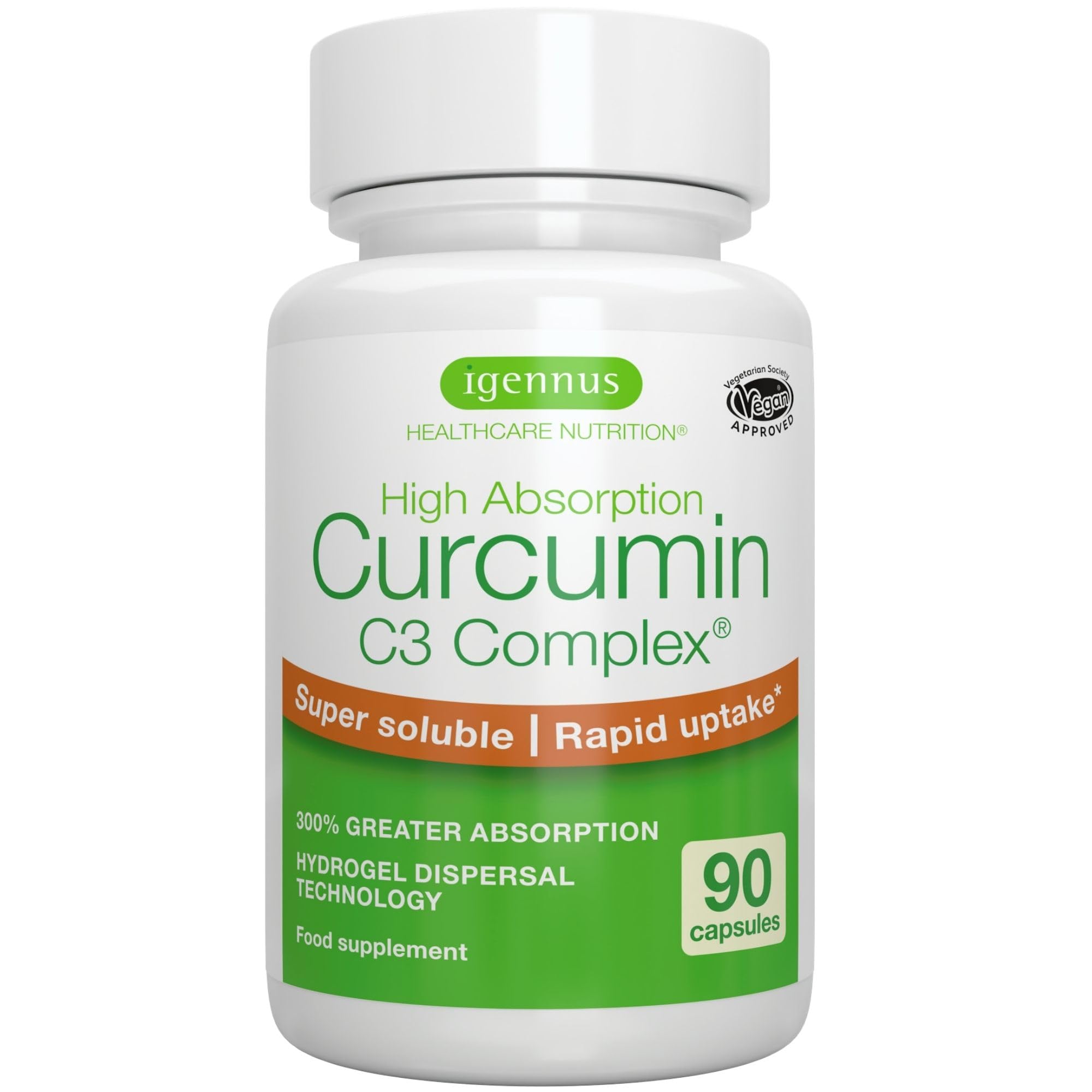 Igennus Advanced Curcumin C3 Complex, 90 Servings, 95% Standardised Extract, 300% Greater Absorption & Rapid Uptake, Clean Label, Vegan Supplement, 1-a-Day, 90 Capsules