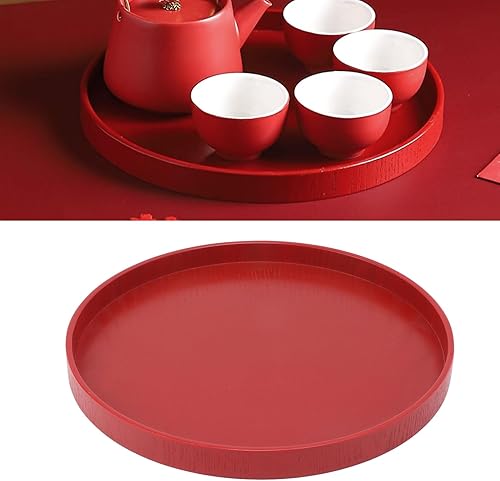 Miniatura 5 de Bandeja de madera maciza, bandeja redonda roja para té, café, aperitivos, bandeja de desayuno con bordes elevados para el hogar, cocina, restaurante