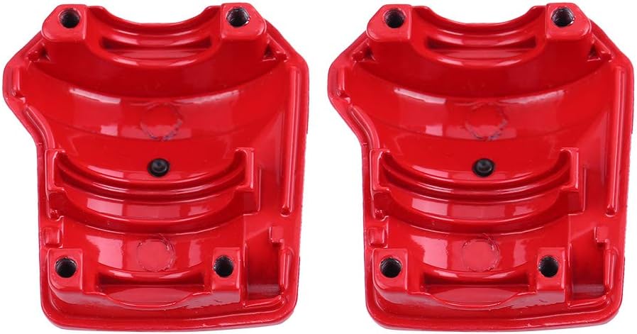 Bottom view of two red metal RC axle covers