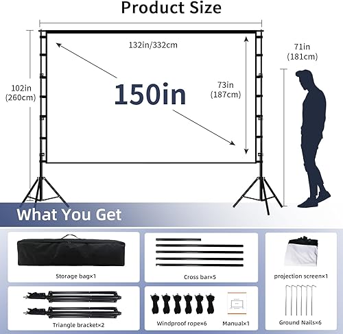 Miniatura 2 de Pantalla de proyector con soporte, 150 pulgadas, portátil y plegable, pantalla de proyección 4K HD 16:9 trasera frontal sin arrugas con bolsa de