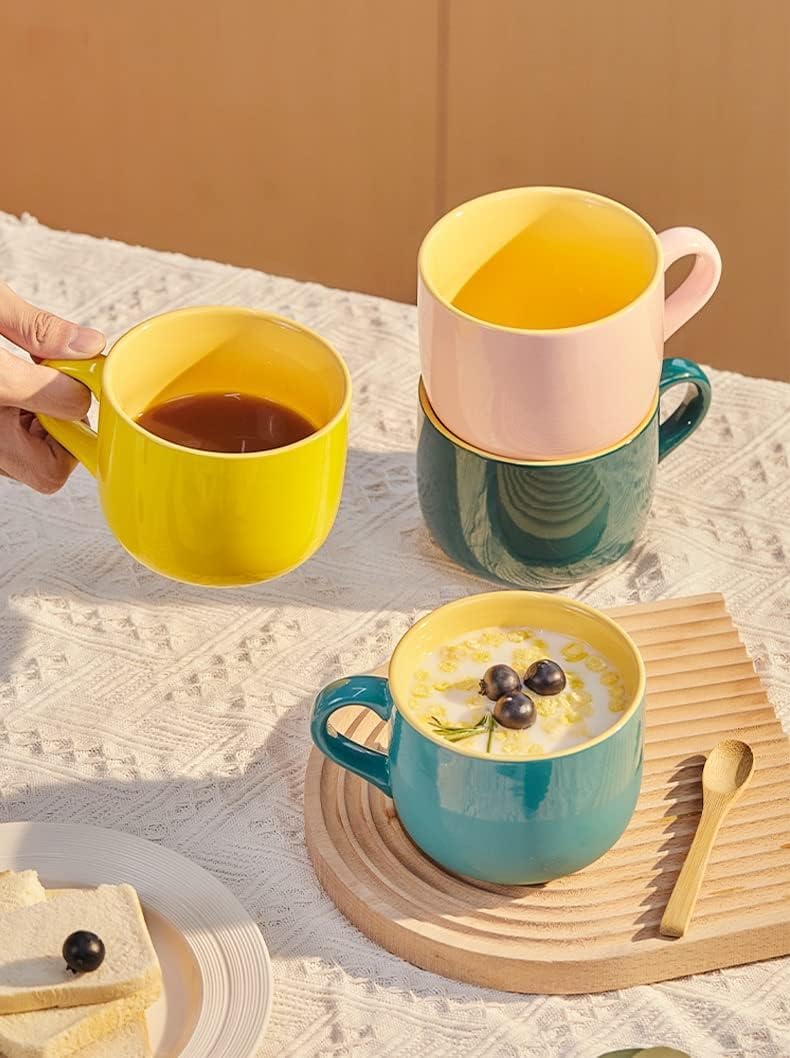 Taza de cerámica XXL, 650 ml, taza de sopa con asa, taza grande para café, té, cereales y sopas – Taza de porcelana con asa (azul y amarillo)