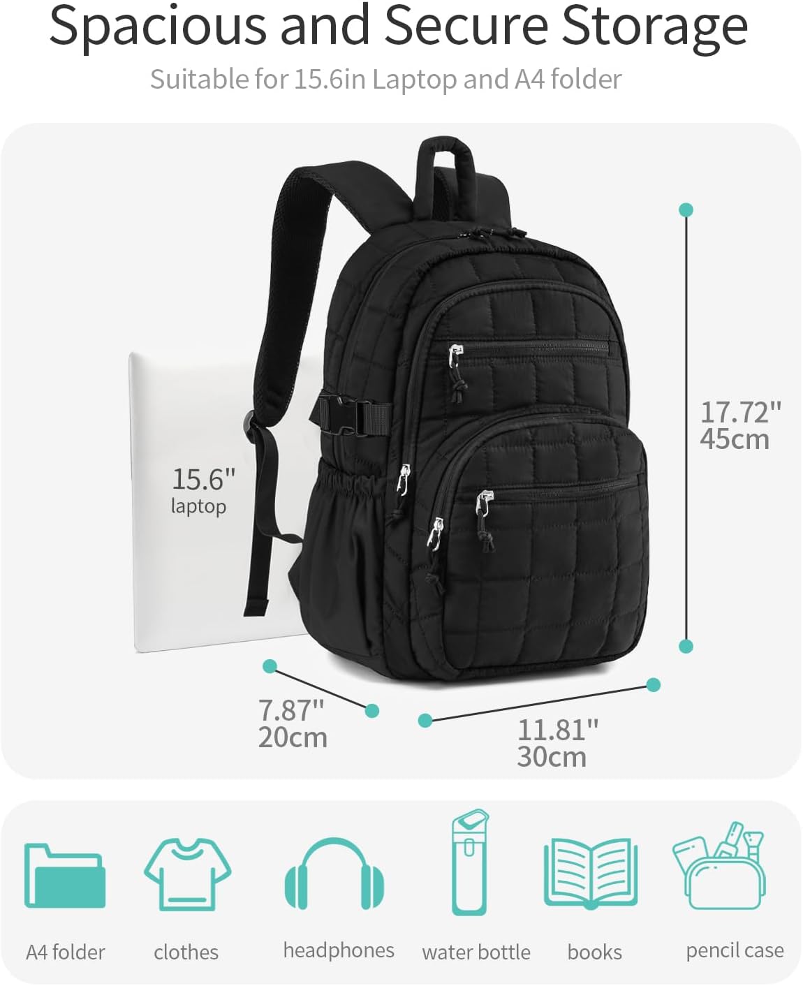 Quilted Laptop Backpack for Women, College Bookbag with Tumbler Holder Pocket for Nurse Teacher Work Travel, Puffer School Backpack for Teen Girls Big Student, Black
