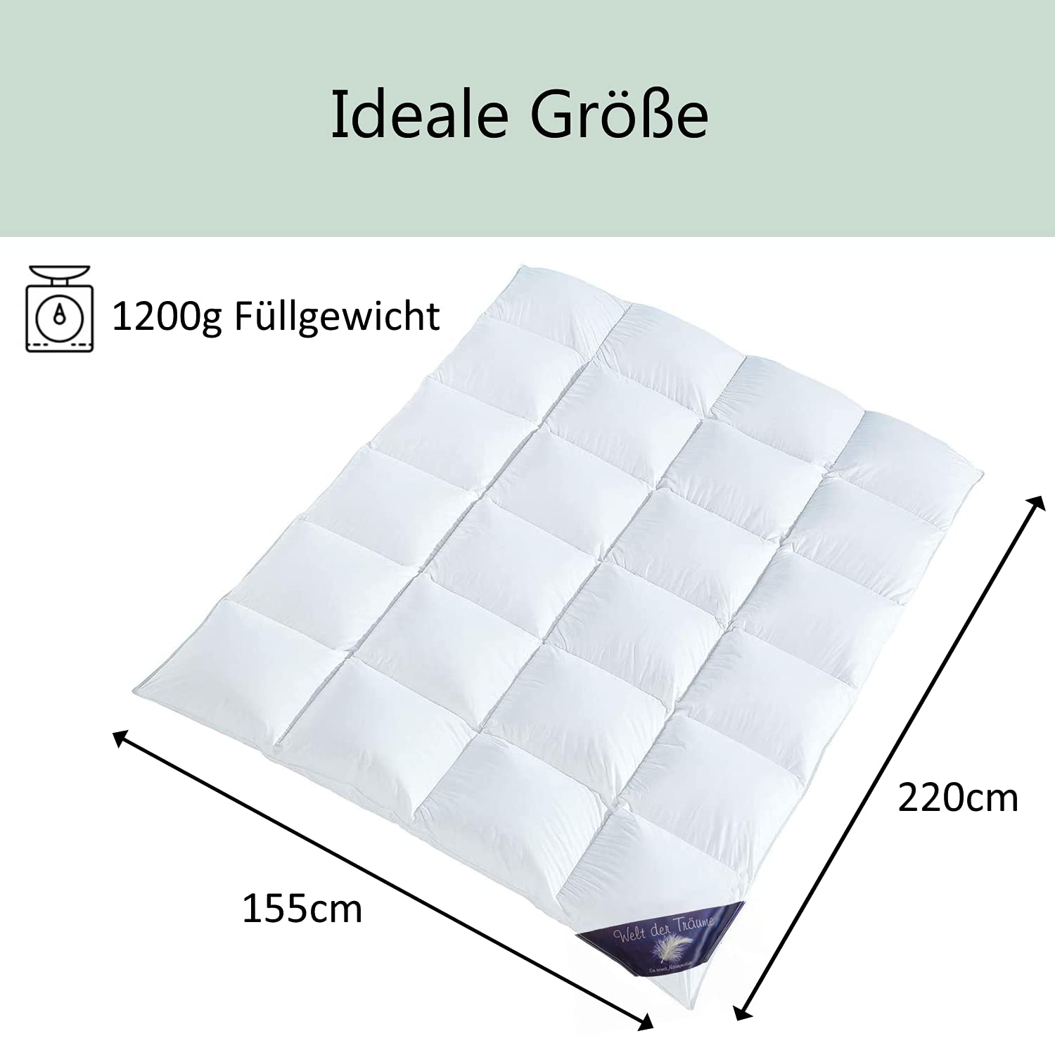 Welt der Träume Daunendecke | 155x220 cm | Füllgewicht: 1200 Gramm | 100% Baumwolle | Daunenbettdecke 155x220 | Federdecke | kein Lebendrupf | Ganzjahresdecke | weiß