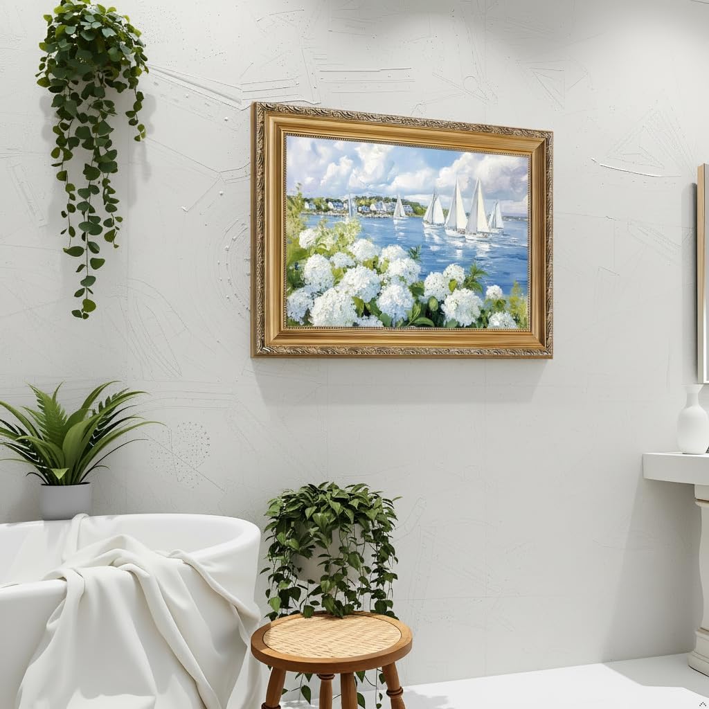 Vintage Gold Frame 3D Texture Coastal Floral Wall Art Summer Ocean Aesthetics Sailing Painting Picture Wall Decor White Hydrangea Poster Print Artwork for Kitchen Bedroom Living Room Home Decoration