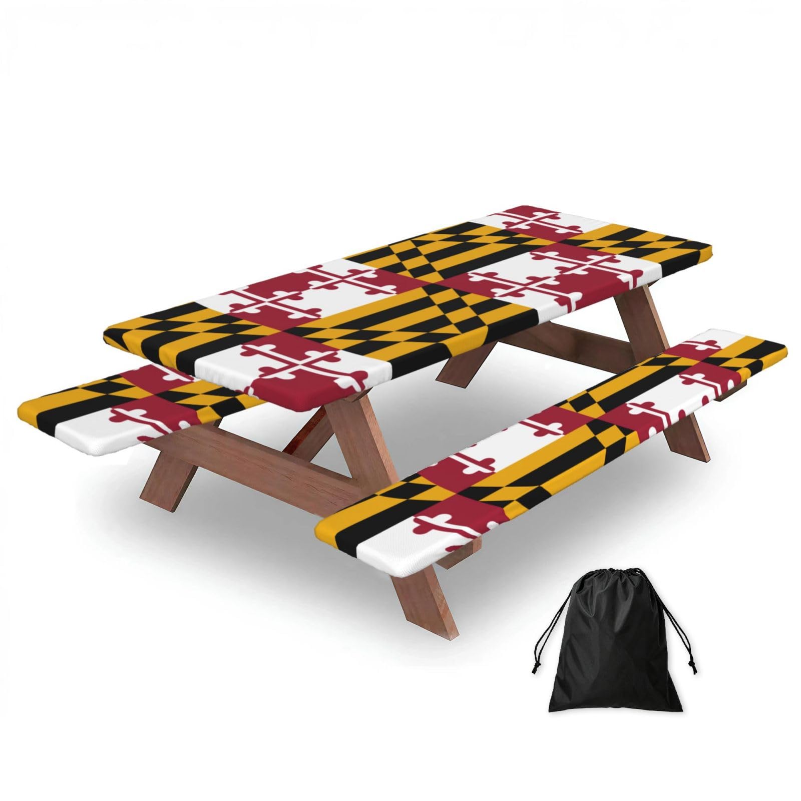 Duwaa Black Maryland State Flag Print 183Cm Picnic Table Cover With Bench Covers, Waterproof Elastic Tablecloth Set For Outdoor