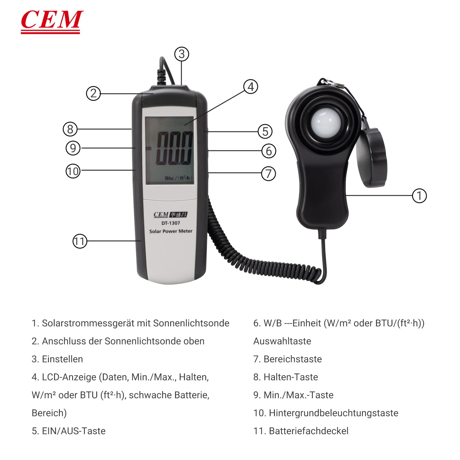 CEM DT-1307 - Misuratore di energia solare digitale, misuratore di potenza solare portatile con campo di misurazione 2000 W/m² e 634 BTU/(ft²·h), max/min, data hold, tester solare per misurazione | Misuratore di potenza solare fino a 1999 W/m² o 634 BTU/(